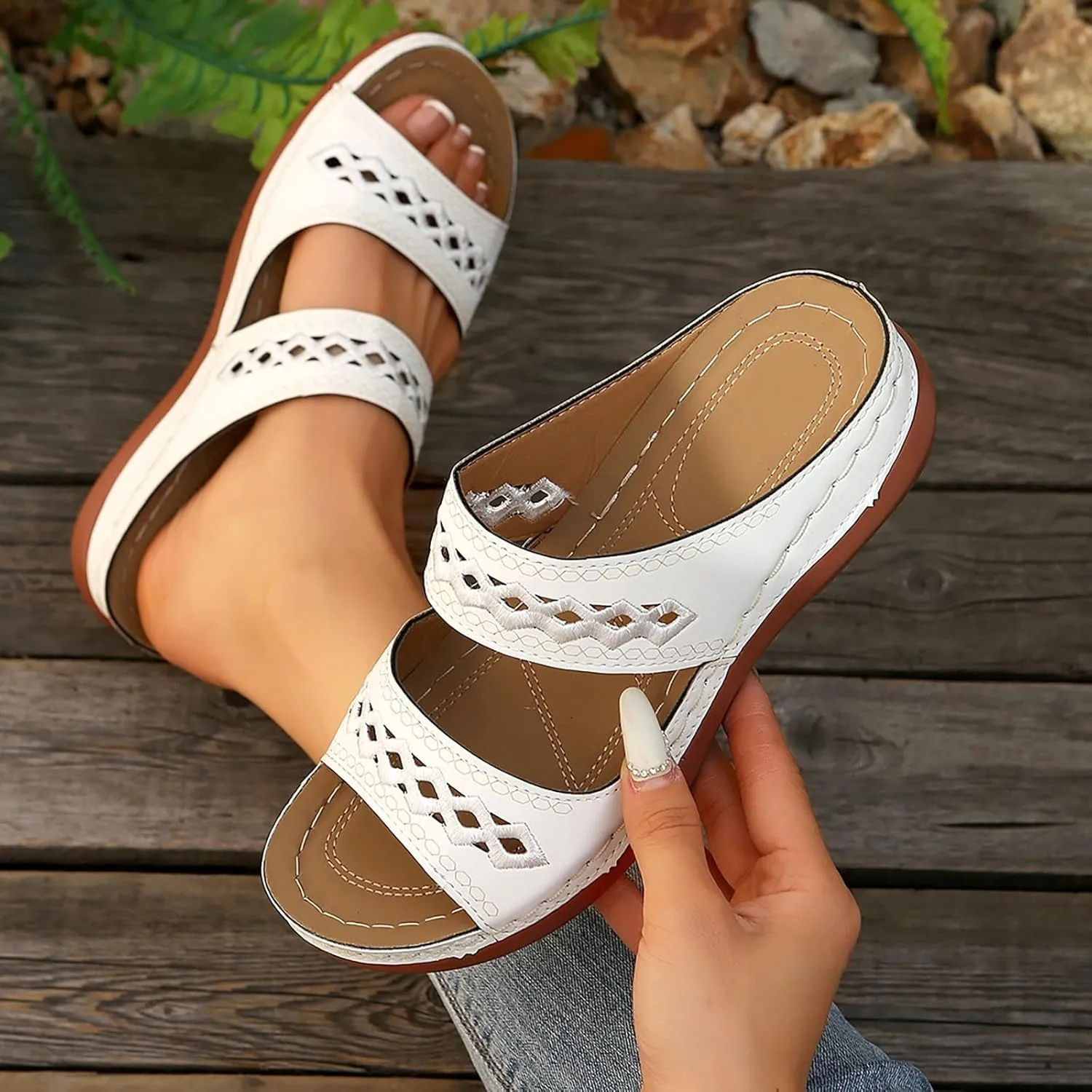 Eduavar Women's Brown Leather Open Toe Wedge Sandals with Arch Support