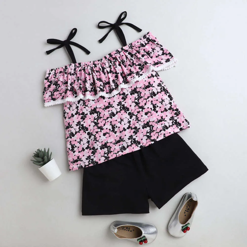 Floral Strap Cold Shoulder Top Short Set