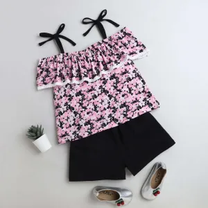 Floral Strap Cold Shoulder Top Short Set