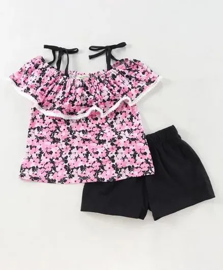 Floral Strap Cold Shoulder Top Short Set