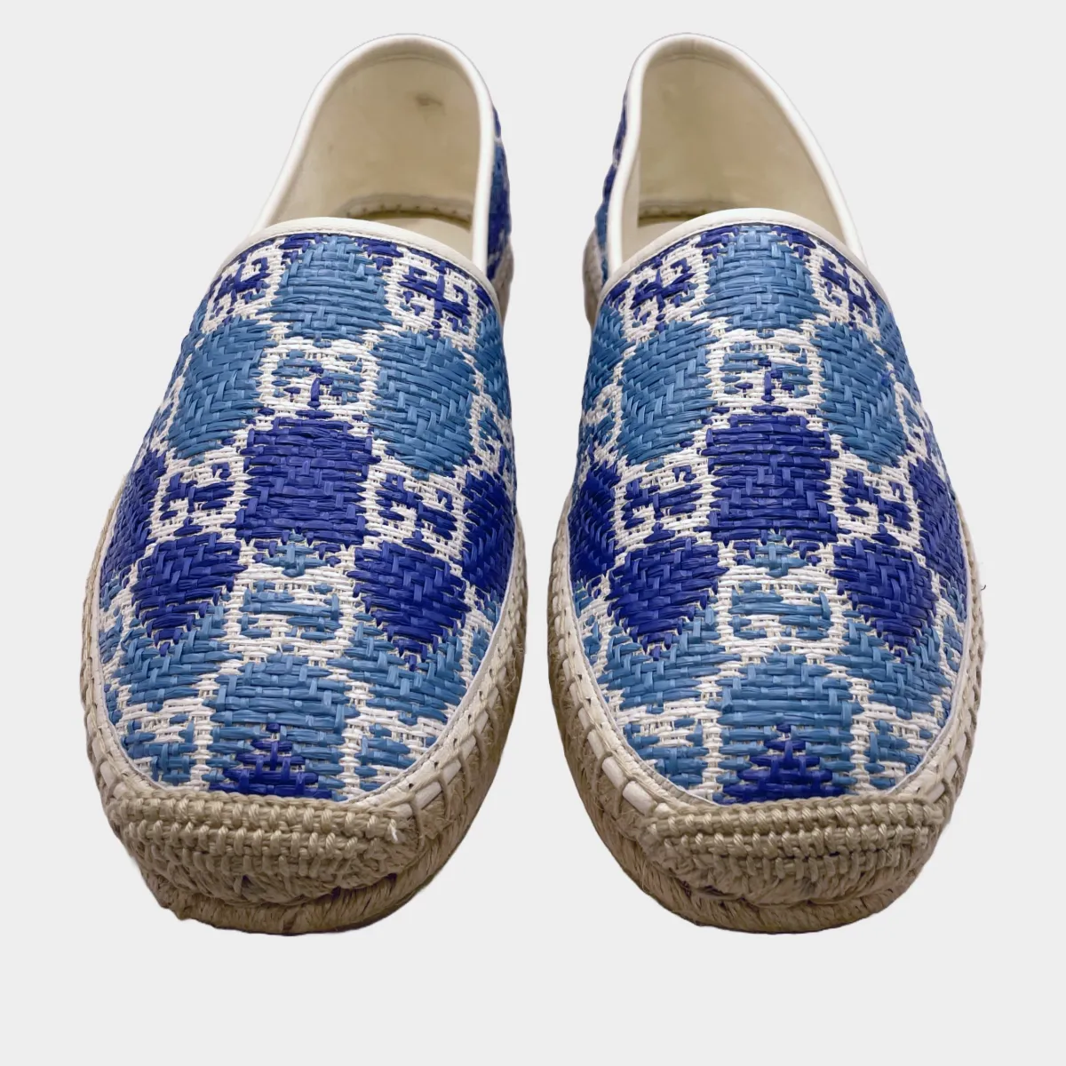 GUCCI men's blue and beige monogram raffia espadrilles