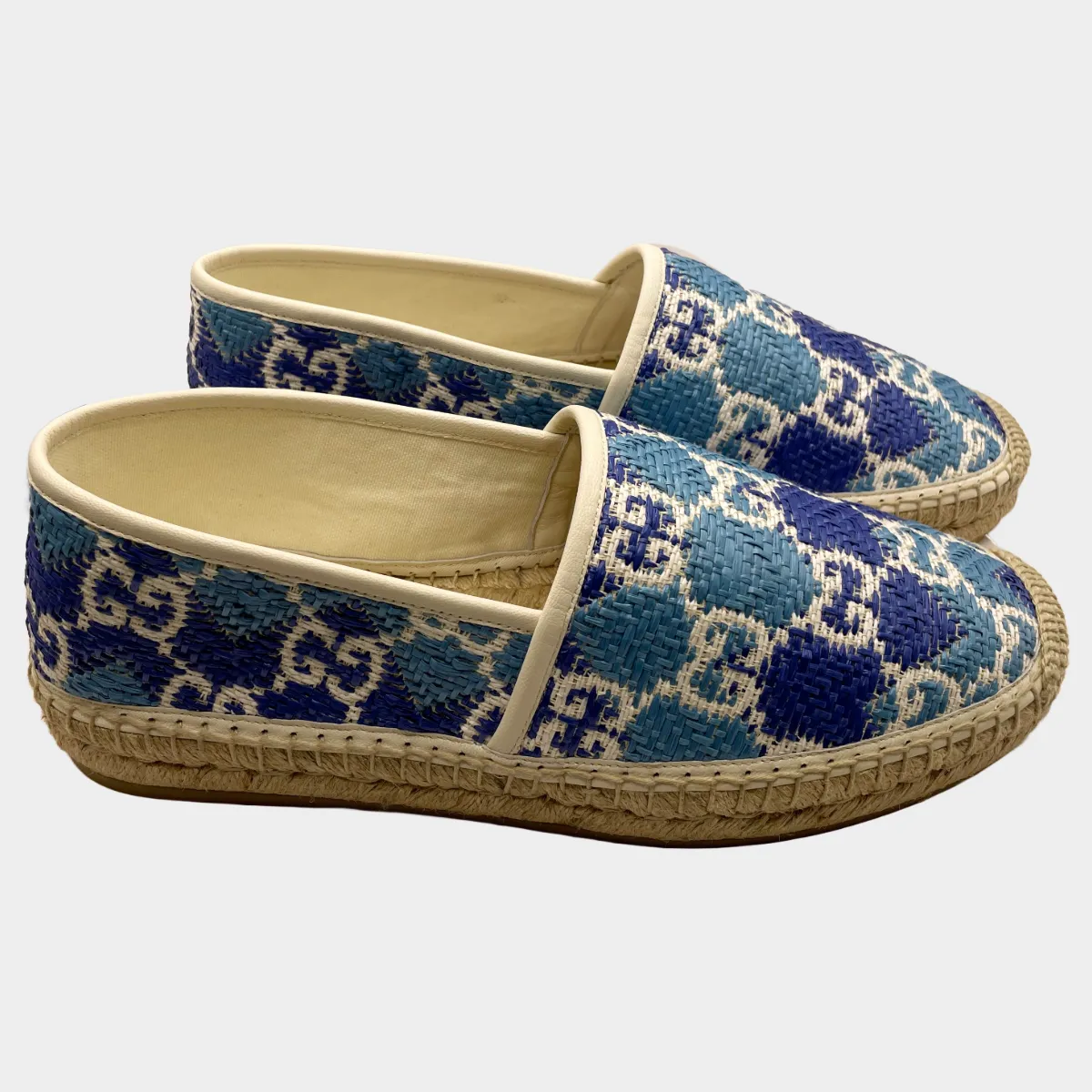 GUCCI men's blue and beige monogram raffia espadrilles