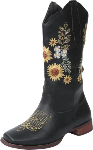 HINDOLA Cowboy Boots for Women Mid Calf Cowgirl Western Boots Sunflower Embroidery Stitched Square Toe Low Heel Ankle Boots
