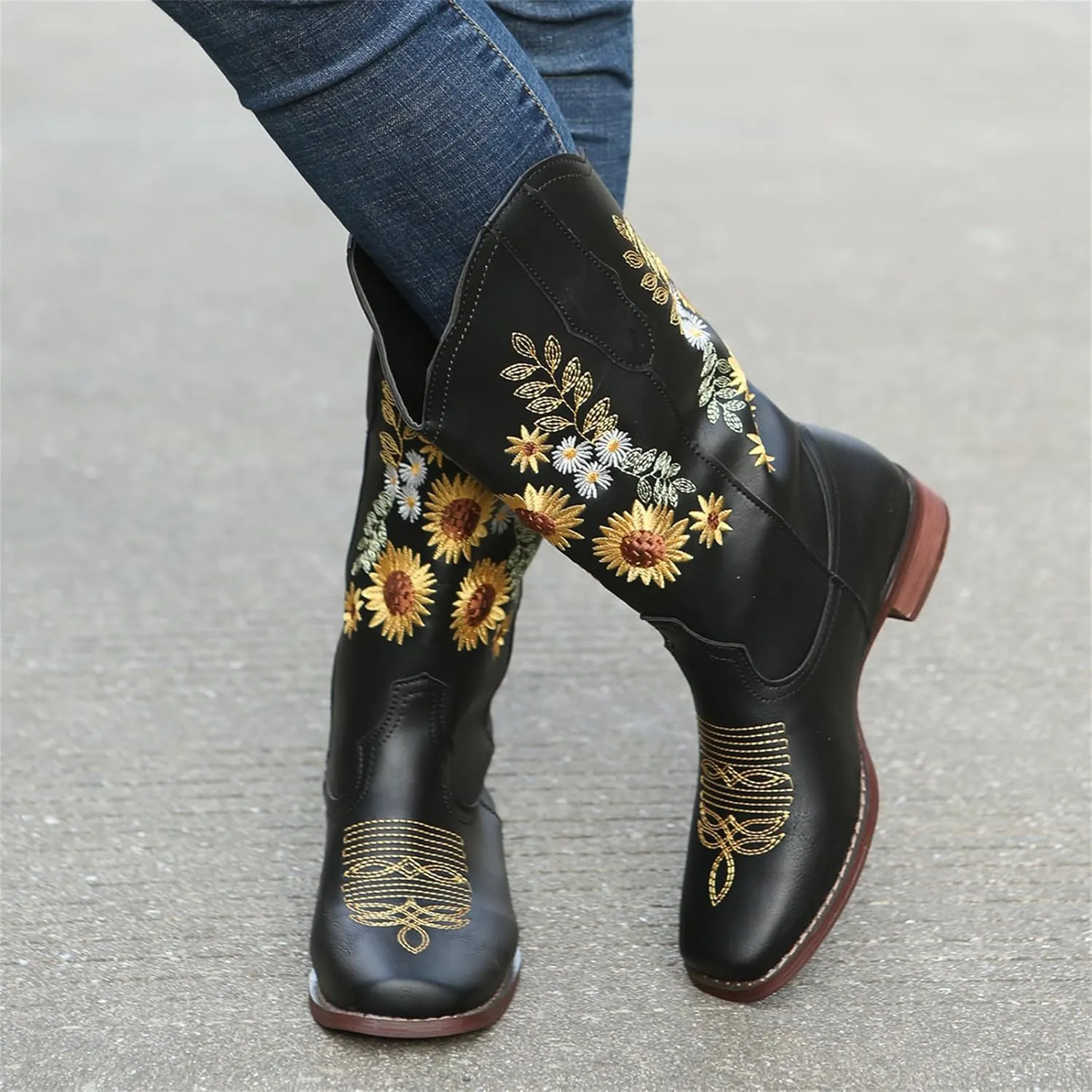 HINDOLA Cowboy Boots for Women Mid Calf Cowgirl Western Boots Sunflower Embroidery Stitched Square Toe Low Heel Ankle Boots