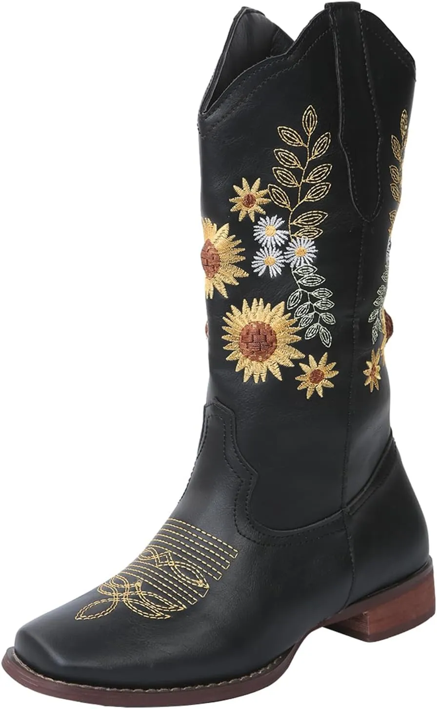 HINDOLA Cowboy Boots for Women Mid Calf Cowgirl Western Boots Sunflower Embroidery Stitched Square Toe Low Heel Ankle Boots