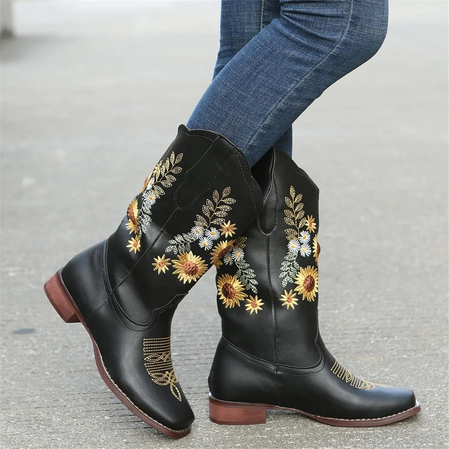 HINDOLA Cowboy Boots for Women Mid Calf Cowgirl Western Boots Sunflower Embroidery Stitched Square Toe Low Heel Ankle Boots
