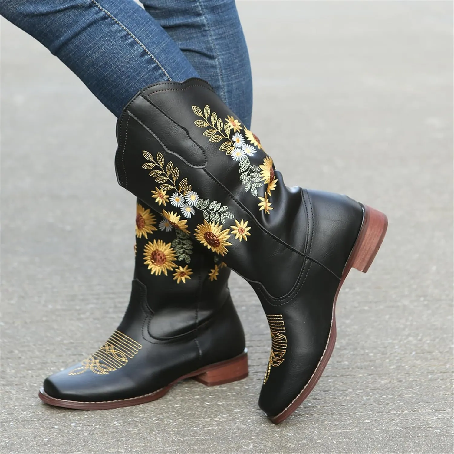 HINDOLA Cowboy Boots for Women Mid Calf Cowgirl Western Boots Sunflower Embroidery Stitched Square Toe Low Heel Ankle Boots