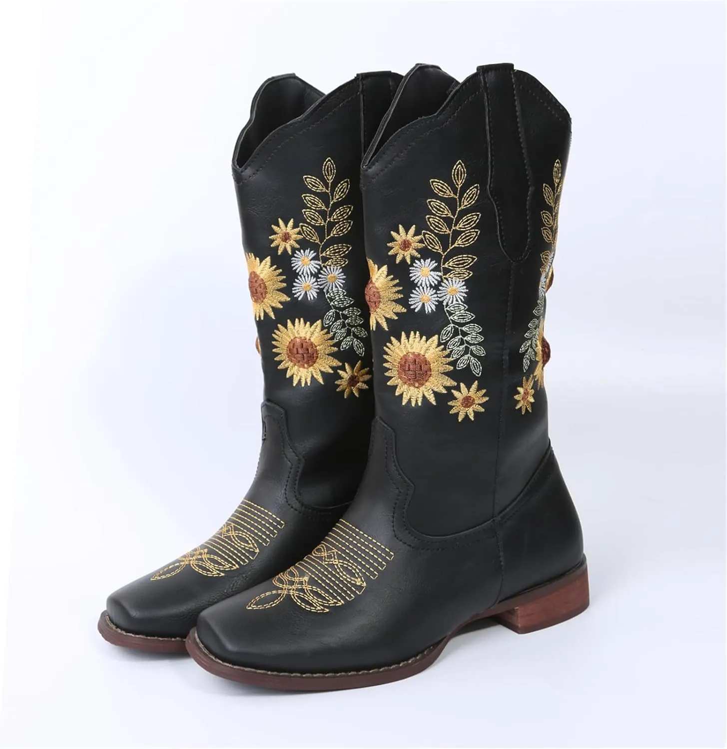 HINDOLA Cowboy Boots for Women Mid Calf Cowgirl Western Boots Sunflower Embroidery Stitched Square Toe Low Heel Ankle Boots