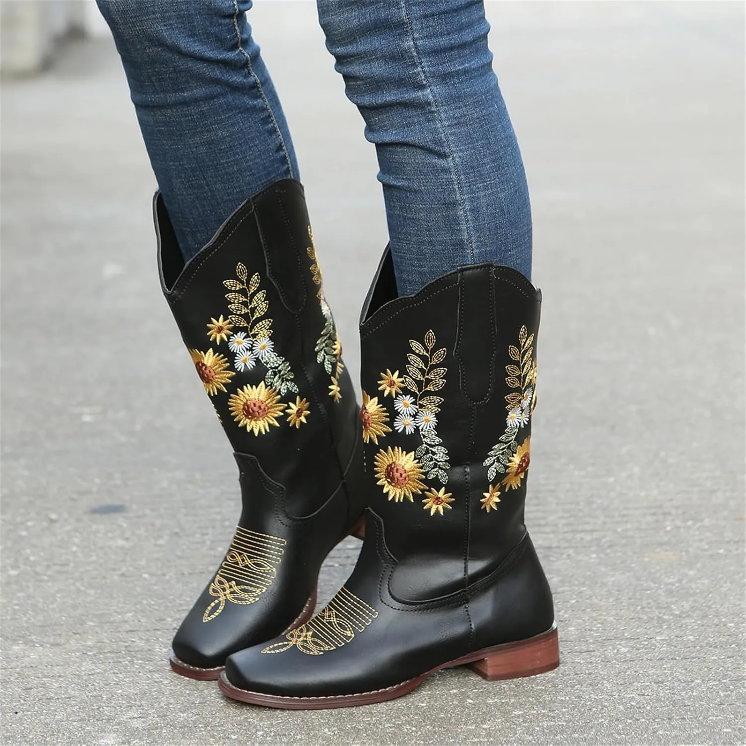 HINDOLA Cowboy Boots for Women Mid Calf Cowgirl Western Boots Sunflower Embroidery Stitched Square Toe Low Heel Ankle Boots