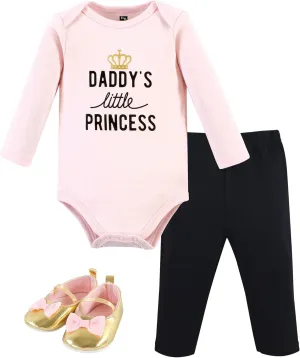 Hudson Baby Unisex Baby Cotton Bodysuit, Pant and Shoe Set, Daddys Little Princess, 3-6 Months