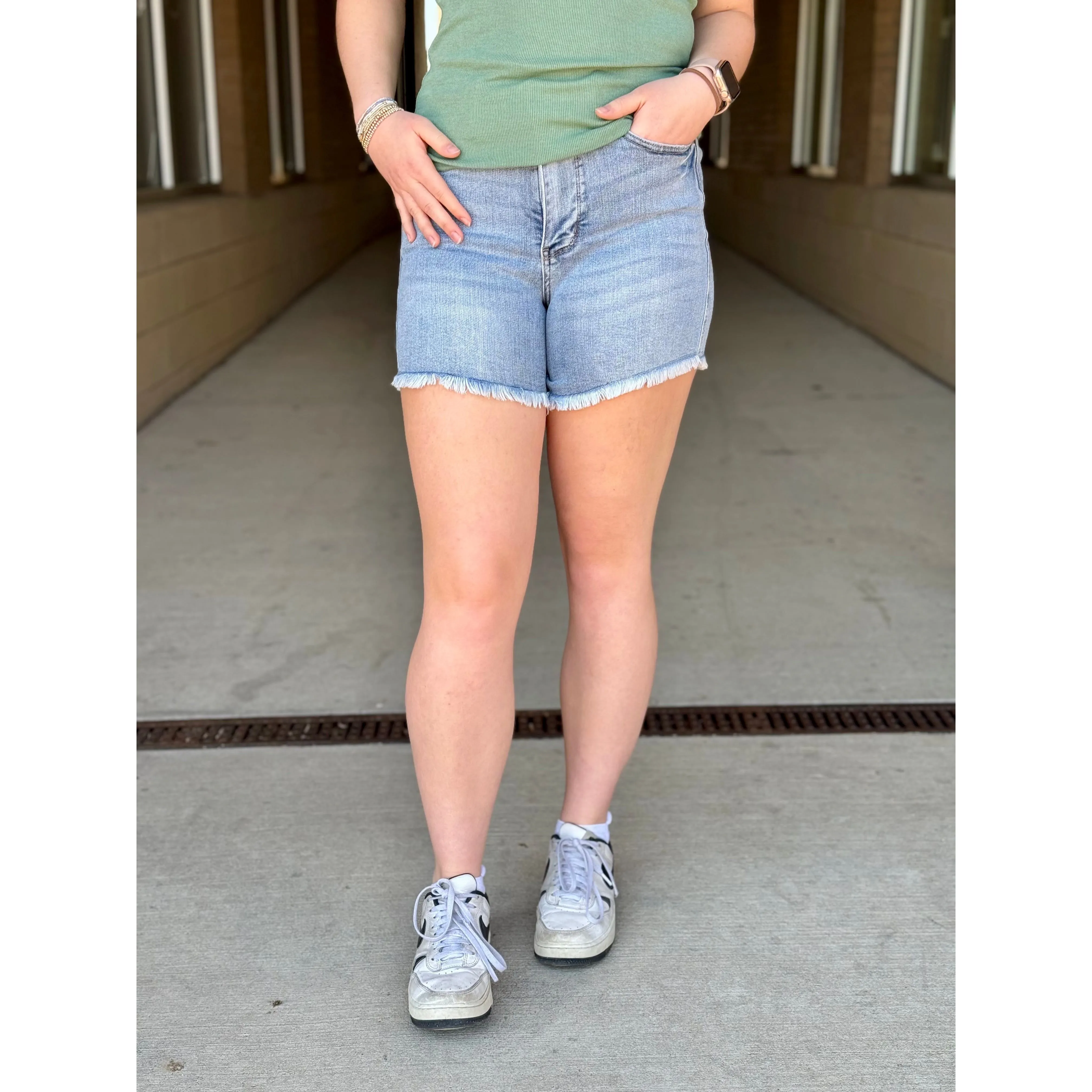 Judy Blue High Waisted Tummy Control Light Destroy and Fray Hem Shorts - Light Wash