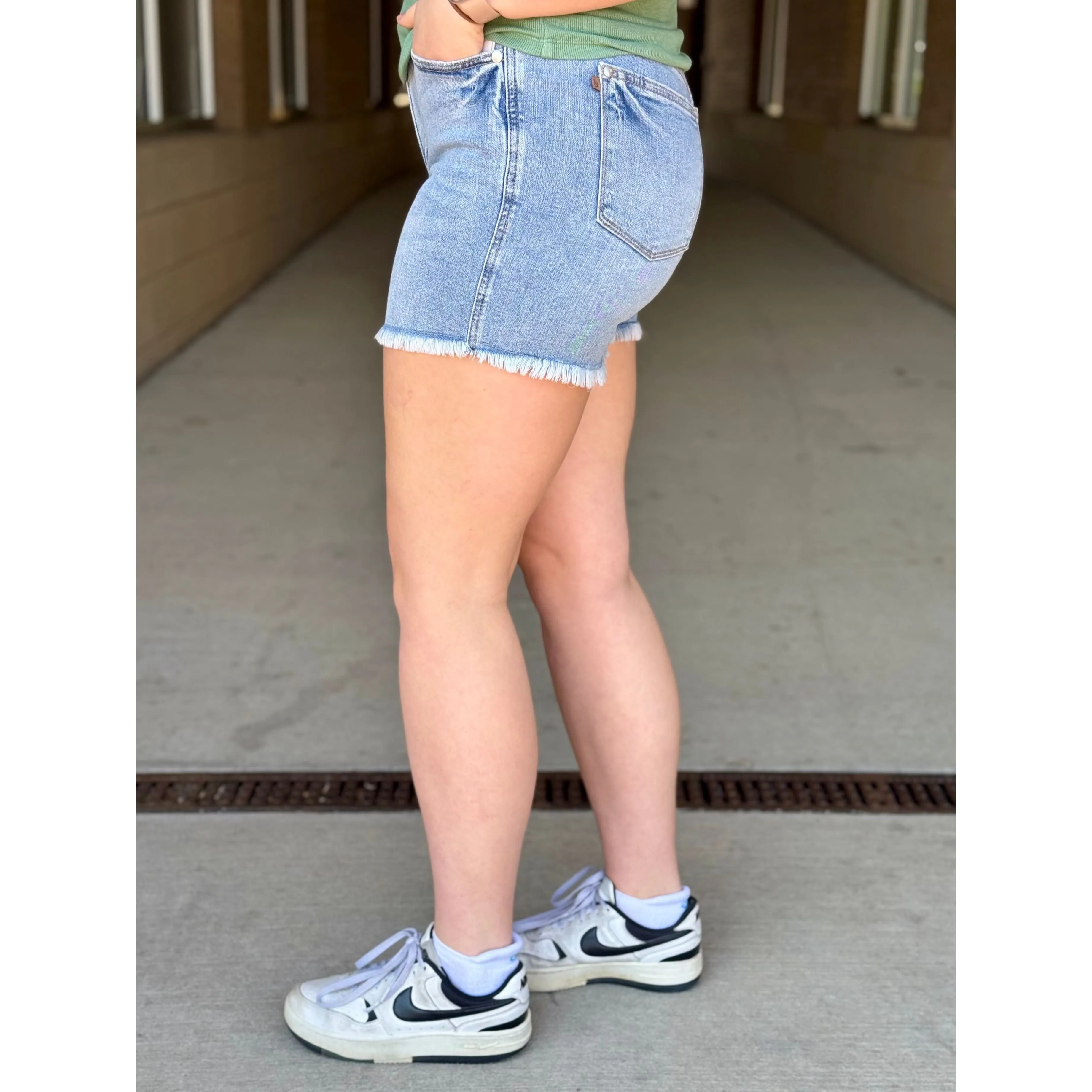 Judy Blue High Waisted Tummy Control Light Destroy and Fray Hem Shorts - Light Wash