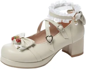 Loafers for Women Stylish College Leather Uniform Shoes with Strawberry Bowknot Ankle-Strap for Girls