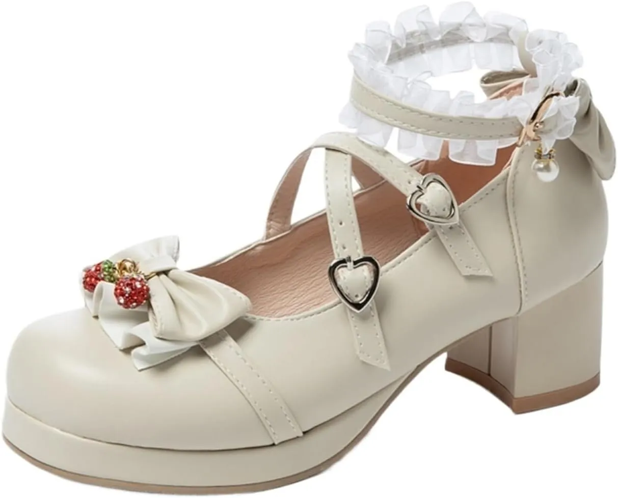 Loafers for Women Stylish College Leather Uniform Shoes with Strawberry Bowknot Ankle-Strap for Girls