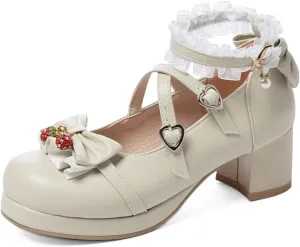 Loafers for Women Stylish College Leather Uniform Shoes with Strawberry Bowknot Ankle-Strap for Girls