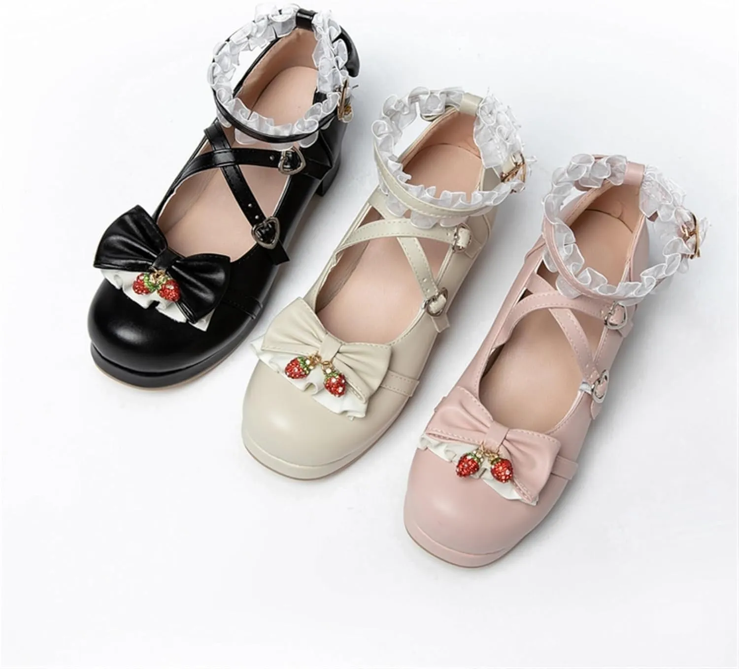 Loafers for Women Stylish College Leather Uniform Shoes with Strawberry Bowknot Ankle-Strap for Girls