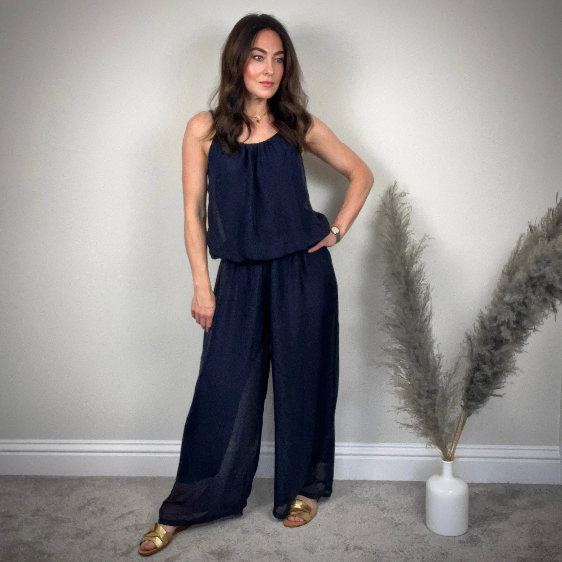NAVY SILK JUMPSUIT
