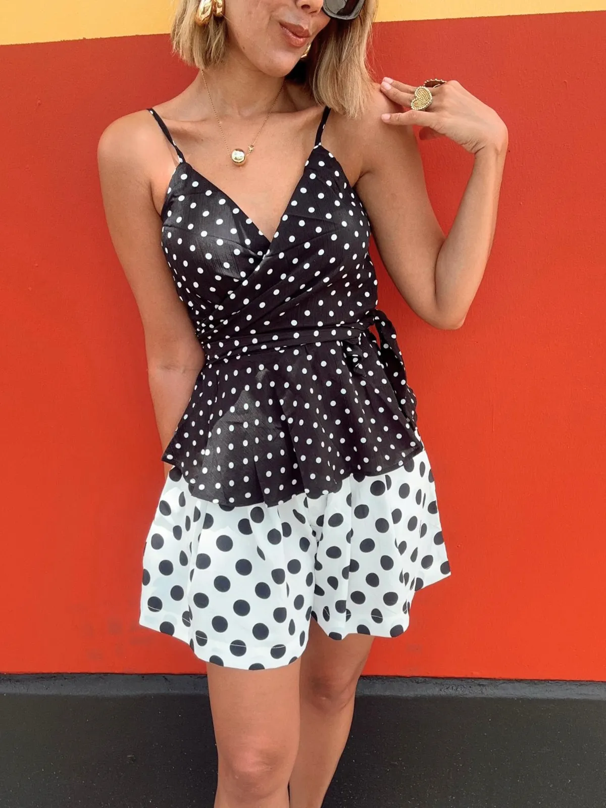 Polka Dot Spaghetti Strap Front Tie Top