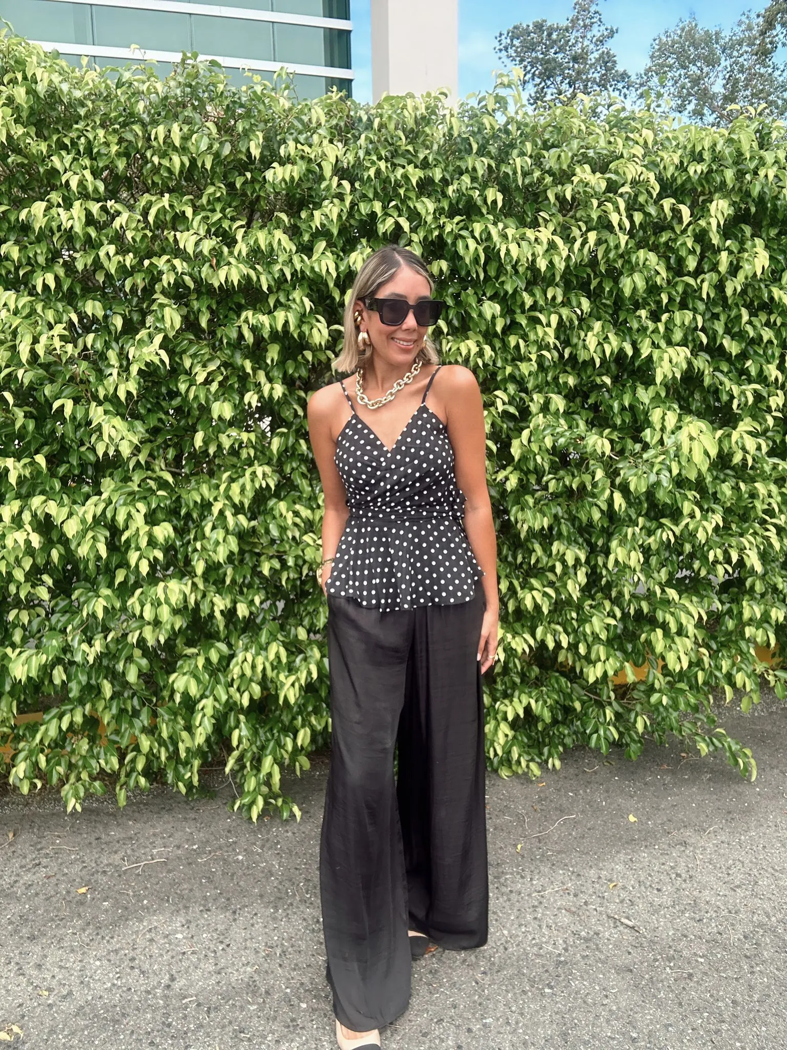Polka Dot Spaghetti Strap Front Tie Top