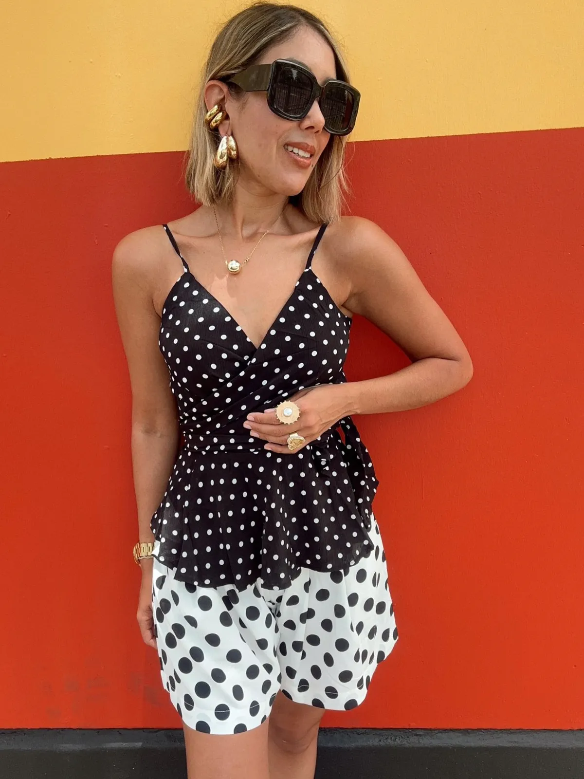 Polka Dot Spaghetti Strap Front Tie Top