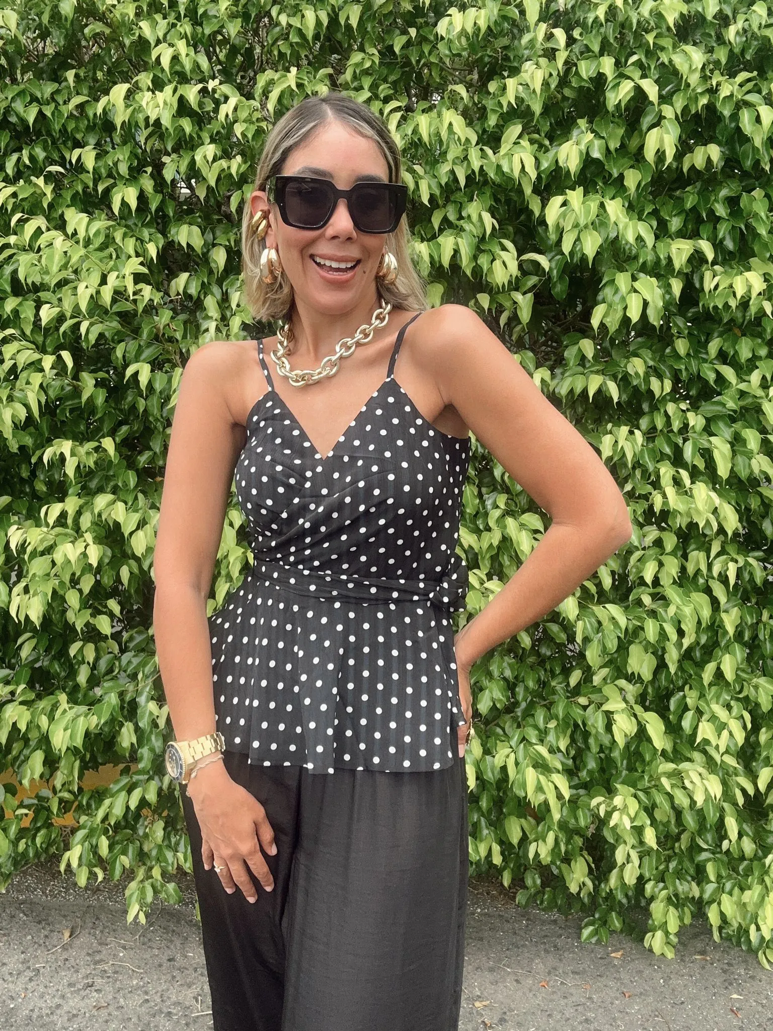 Polka Dot Spaghetti Strap Front Tie Top