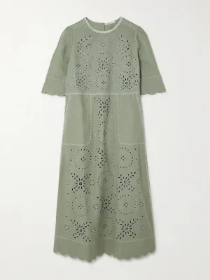 Sabrina scalloped broderie anglaise linen midi dress