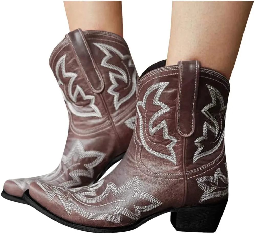 SBGMoSJ Women's Leather Ankle Boots Shoes Zipper Winter Booties Women Shoes Boots Ankle Heels Womens Ankle Boots Cutout Western Womens Short Brown Square Toe Cowboy Boots Ankle Boot Women Wide