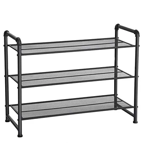 SONGMICS 3-Tier Open Shoe Rack, 9-12 Pairs of Shoes, Industrial Style, Storage Rack, for Shoes Plants Decorations, Metal Shoe Organizer with Adjustable Shelve, Matte Black ULMR53BK