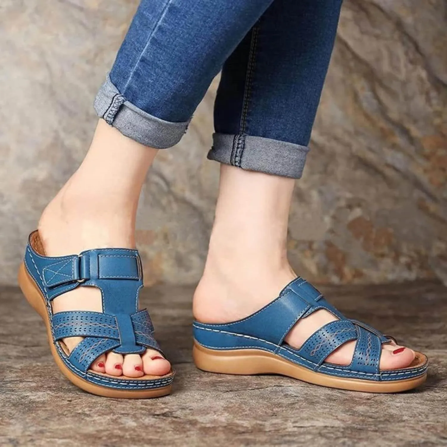 SuanlaTDS Orthopedic Wedge Sandals for Women Summer Dressy 2025 Open Toe Platform Arch Support Fashion Casual Beach Outdoor Slip On Thick Sole Low Heels Wedges Slide Sandal Slippers