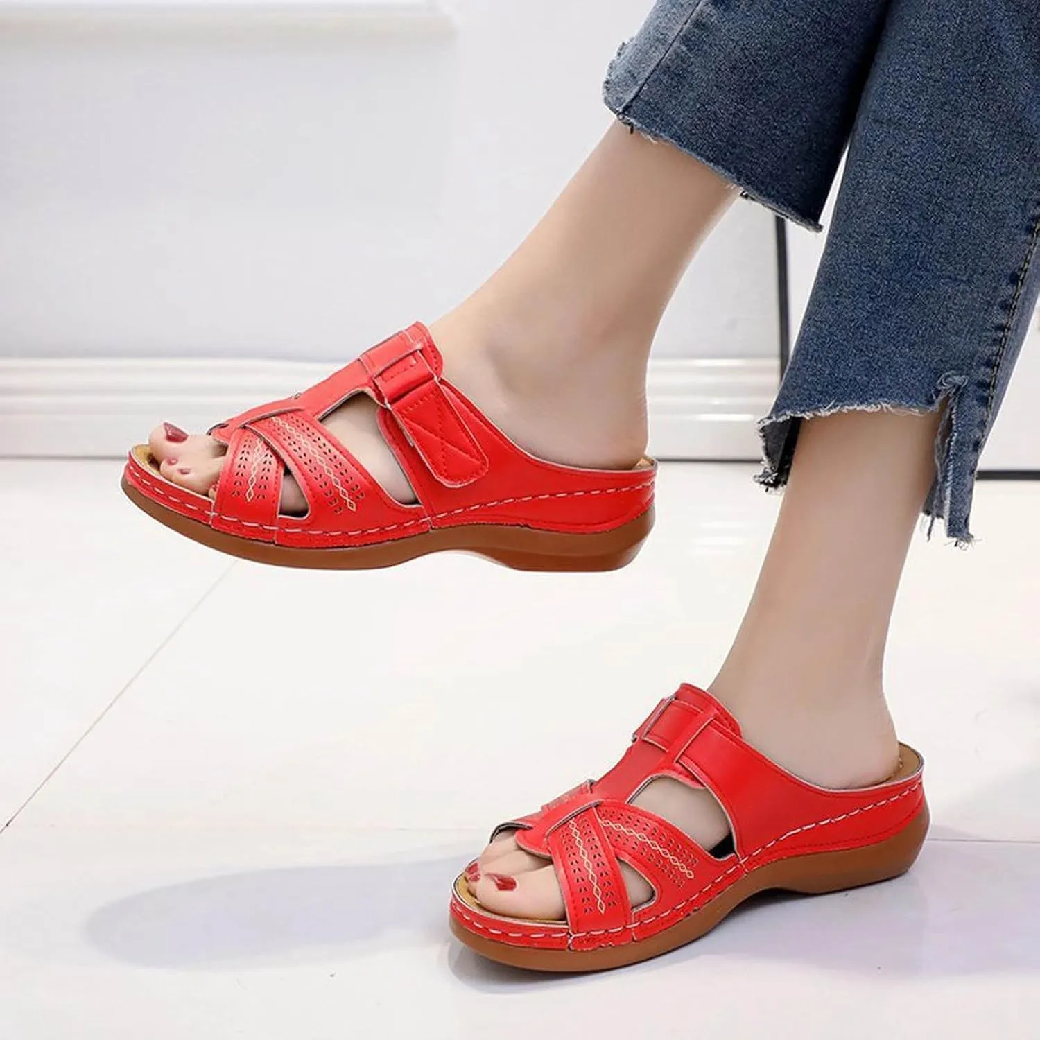 SuanlaTDS Orthopedic Wedge Sandals for Women Summer Dressy 2025 Open Toe Platform Arch Support Fashion Casual Beach Outdoor Slip On Thick Sole Low Heels Wedges Slide Sandal Slippers