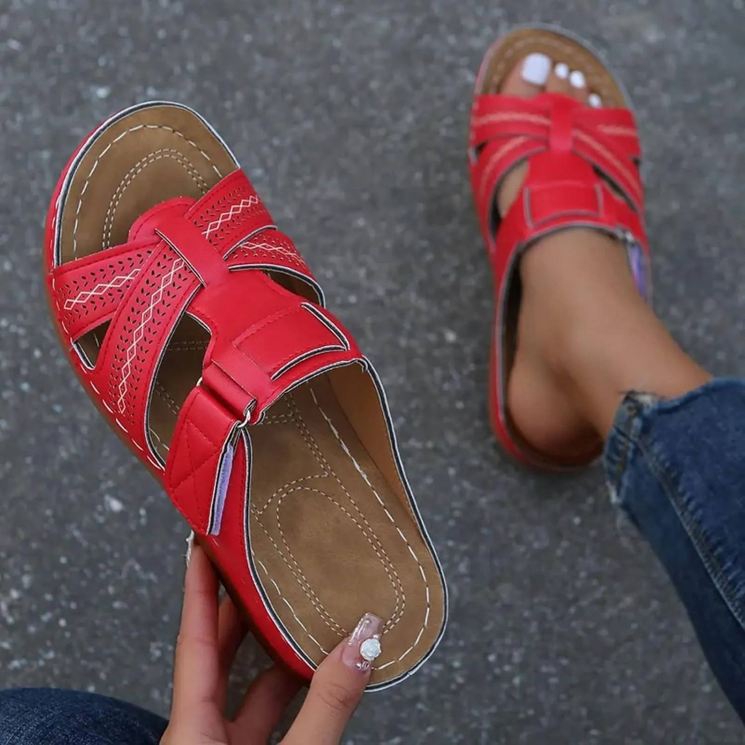 SuanlaTDS Orthopedic Wedge Sandals for Women Summer Dressy 2025 Open Toe Platform Arch Support Fashion Casual Beach Outdoor Slip On Thick Sole Low Heels Wedges Slide Sandal Slippers