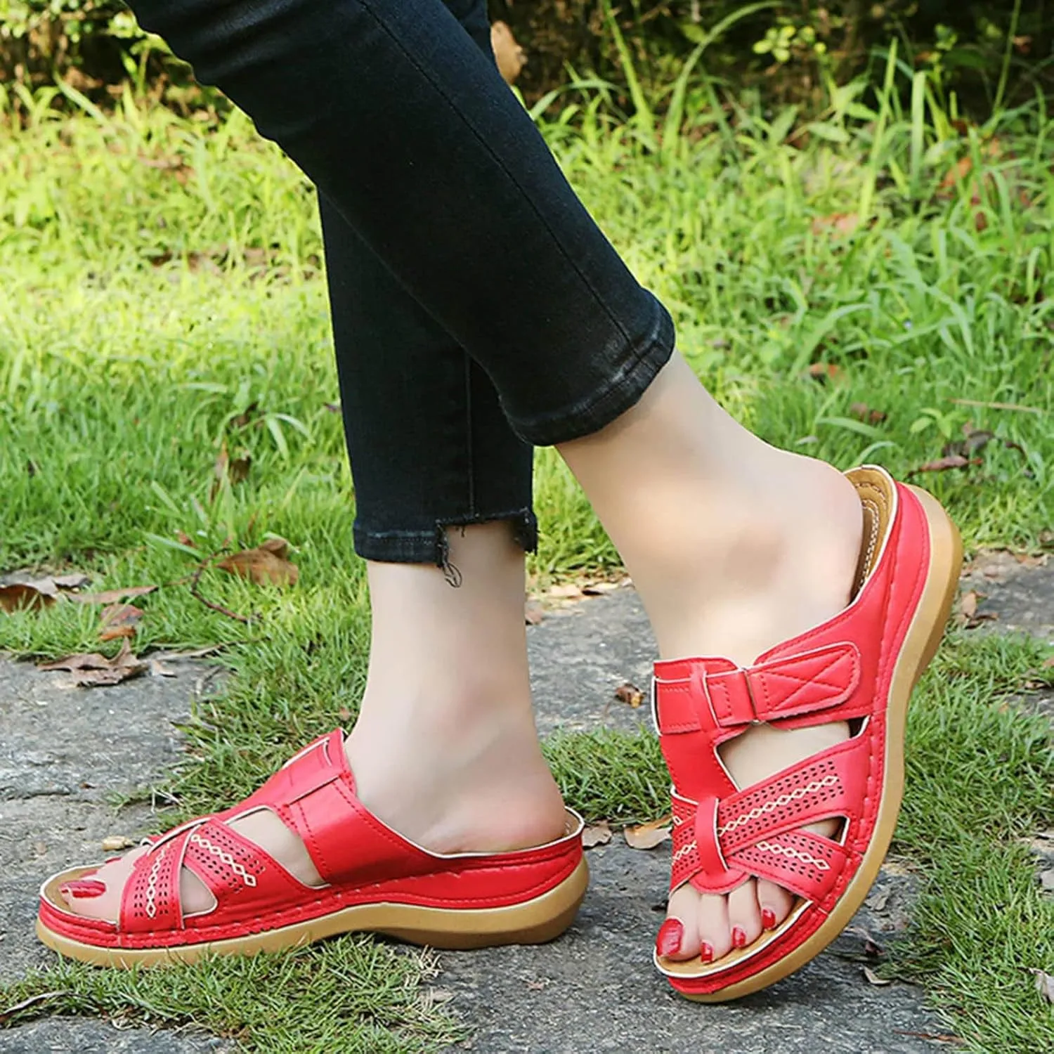 SuanlaTDS Orthopedic Wedge Sandals for Women Summer Dressy 2025 Open Toe Platform Arch Support Fashion Casual Beach Outdoor Slip On Thick Sole Low Heels Wedges Slide Sandal Slippers