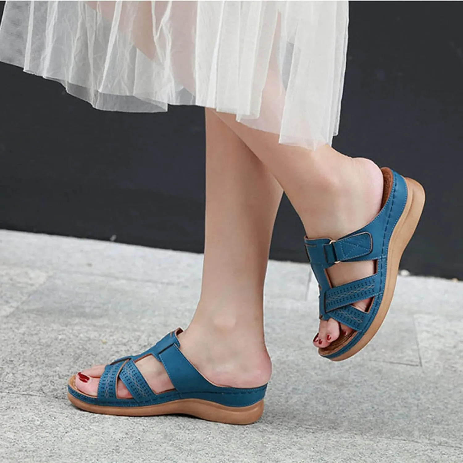 SuanlaTDS Orthopedic Wedge Sandals for Women Summer Dressy 2025 Open Toe Platform Arch Support Fashion Casual Beach Outdoor Slip On Thick Sole Low Heels Wedges Slide Sandal Slippers