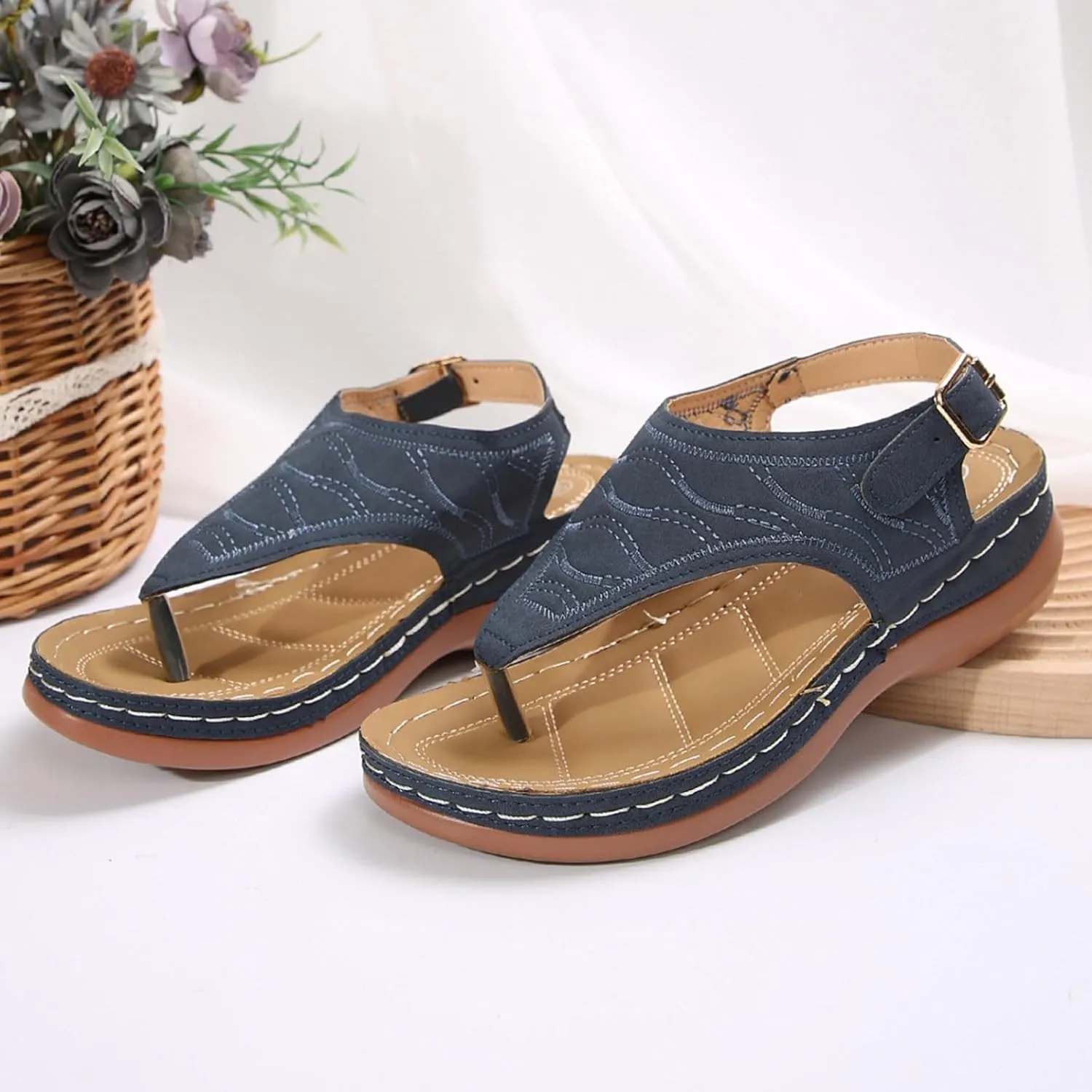 SuanlaTDS Womens Wedges Sandals Orthopedic Flip Flops Summer Dressy Arch Support Thong Open Toe Buckle Ankle Strap Comfortable Wide Width Platform Elegant Low Heels Wedge Sandal for Party