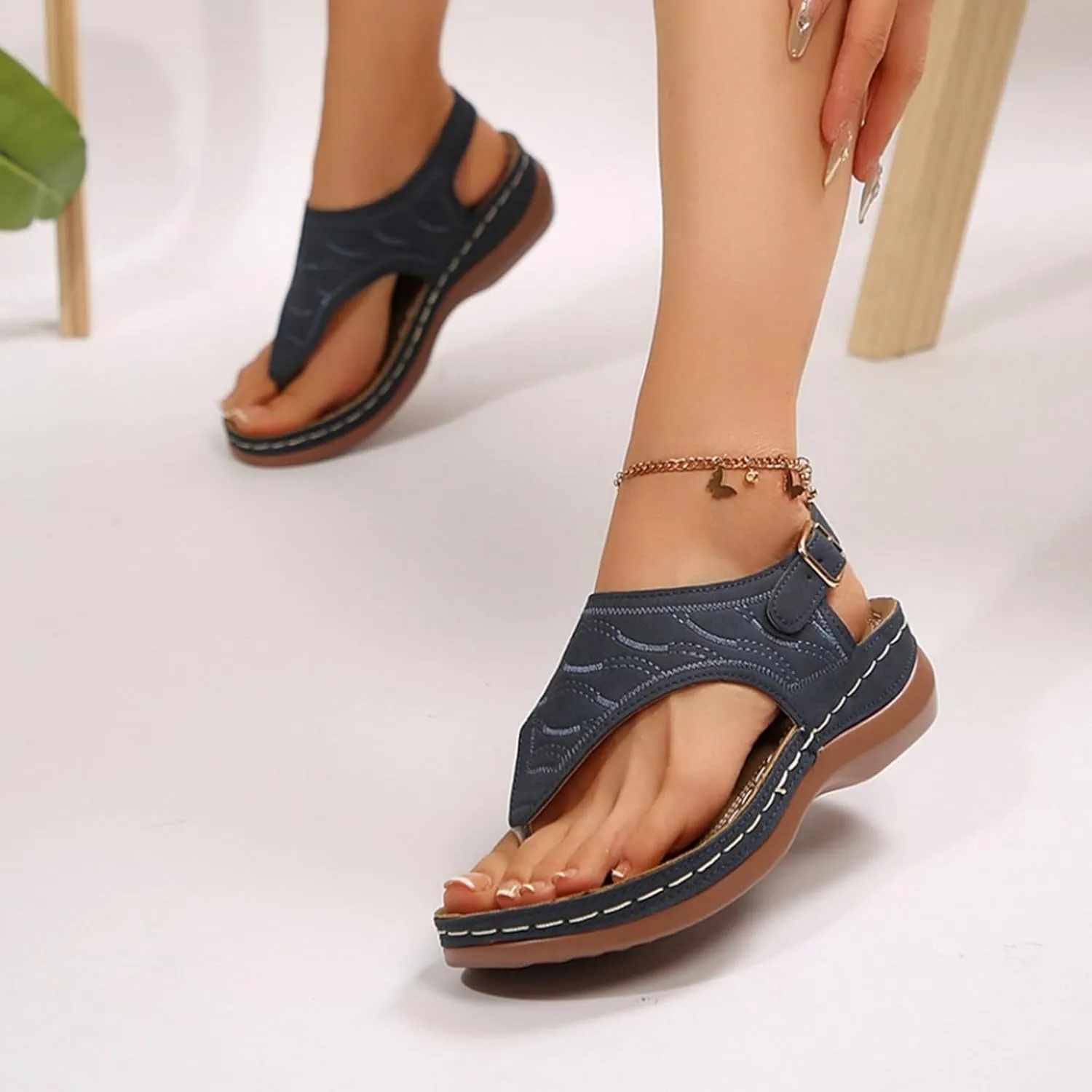 SuanlaTDS Womens Wedges Sandals Orthopedic Flip Flops Summer Dressy Arch Support Thong Open Toe Buckle Ankle Strap Comfortable Wide Width Platform Elegant Low Heels Wedge Sandal for Party