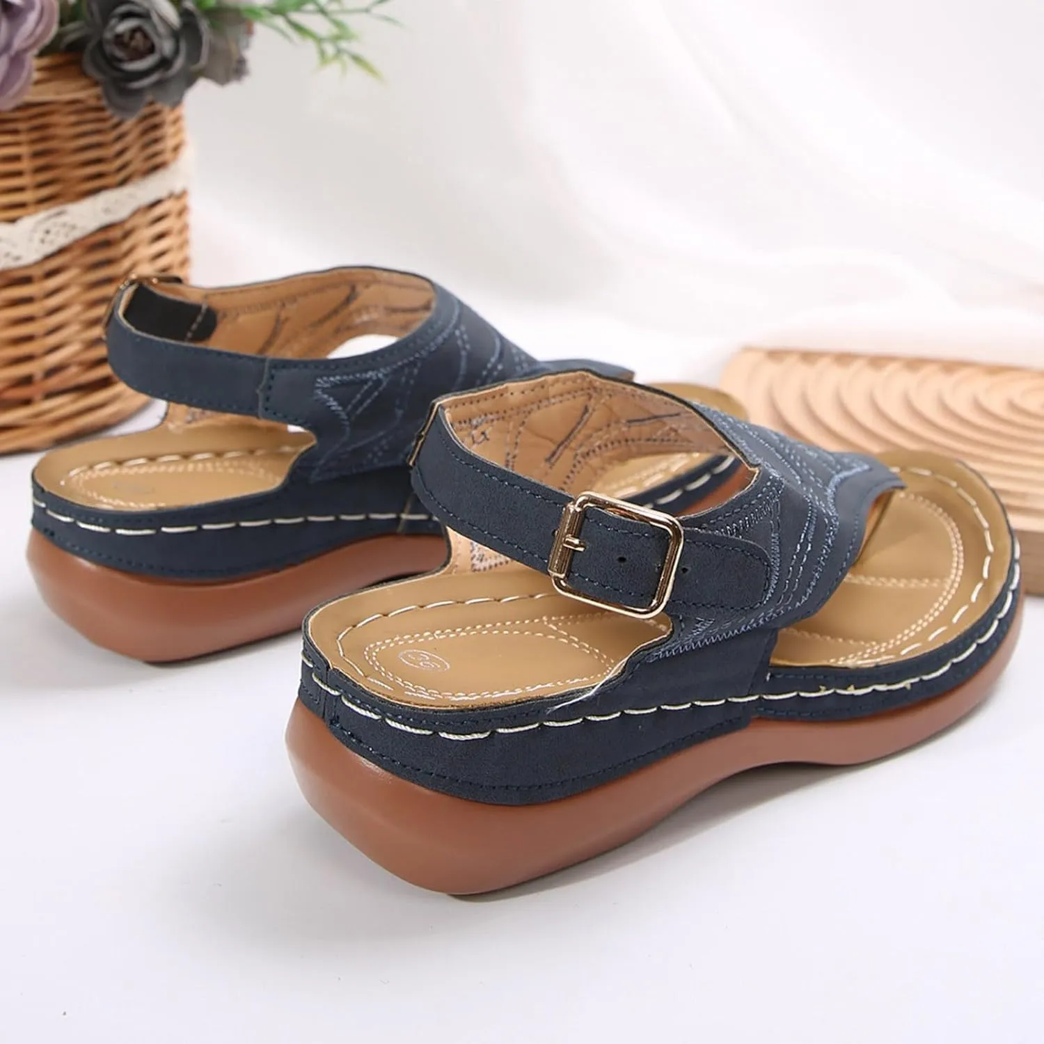 SuanlaTDS Womens Wedges Sandals Orthopedic Flip Flops Summer Dressy Arch Support Thong Open Toe Buckle Ankle Strap Comfortable Wide Width Platform Elegant Low Heels Wedge Sandal for Party