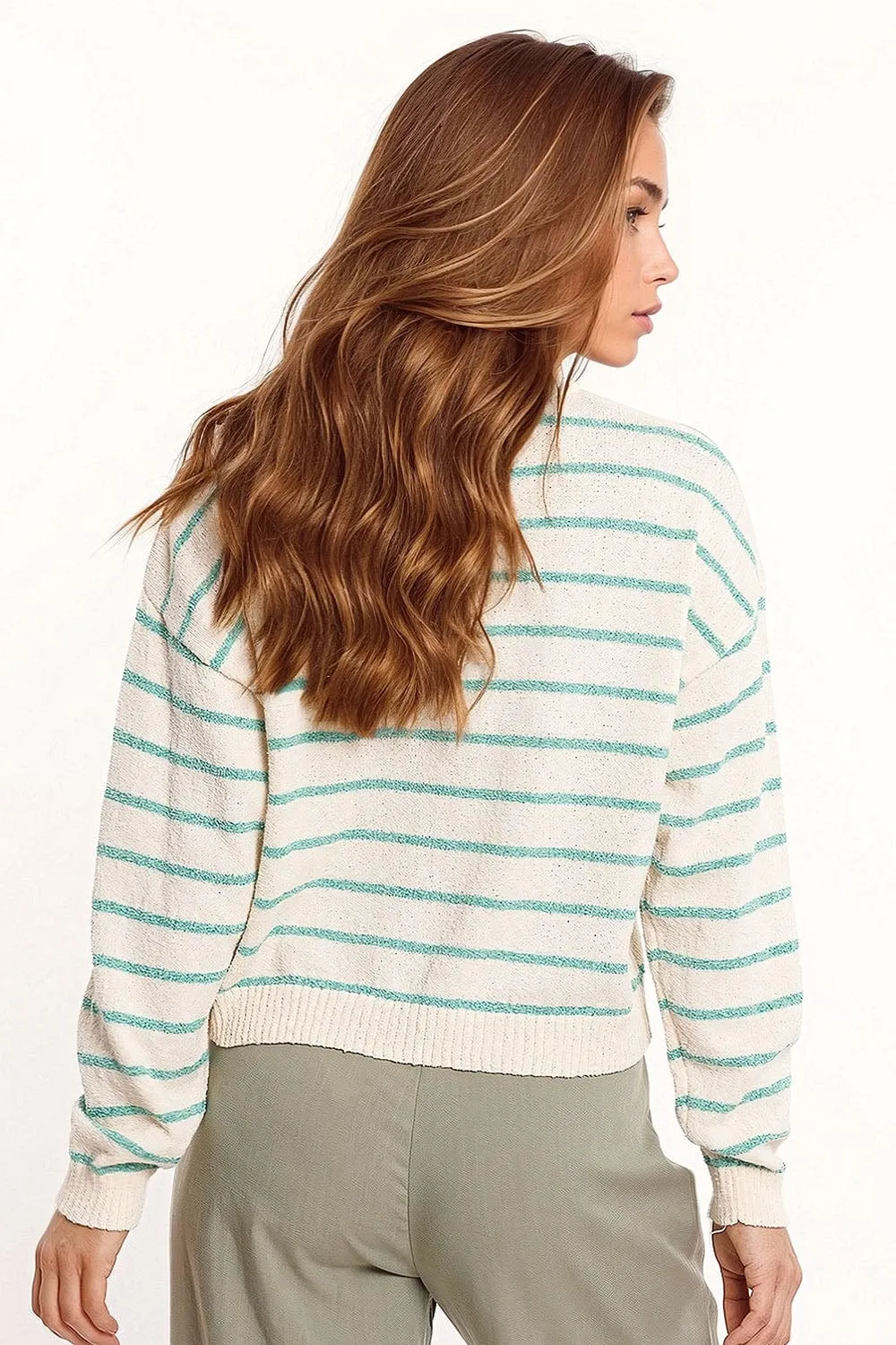 Sweater With Drop Shoulders In White With Green Stripes