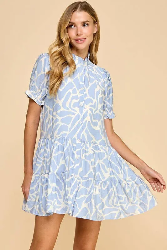 TCEC-Abstract Animal Print Puff Sleeves Dress: Blue