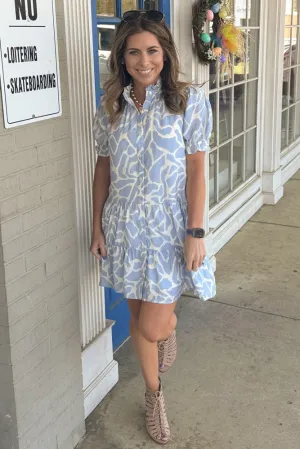 TCEC-Abstract Animal Print Puff Sleeves Dress: Blue