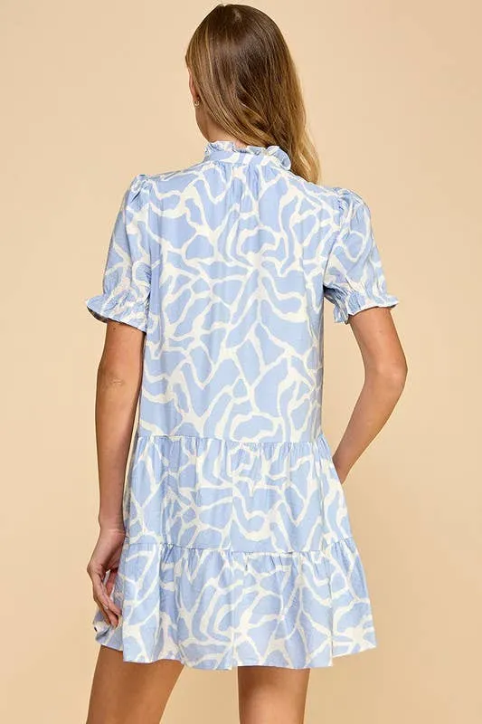 TCEC-Abstract Animal Print Puff Sleeves Dress: Blue