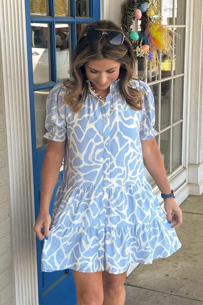 TCEC-Abstract Animal Print Puff Sleeves Dress: Blue