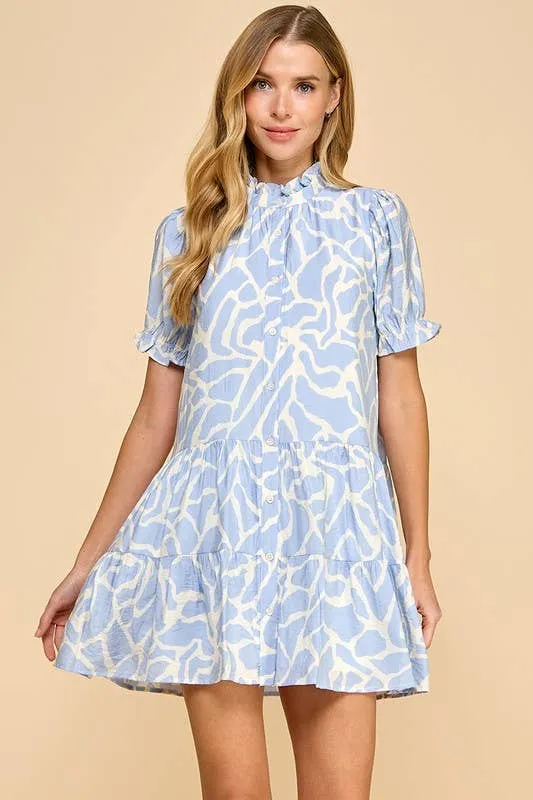 TCEC-Abstract Animal Print Puff Sleeves Dress: Blue