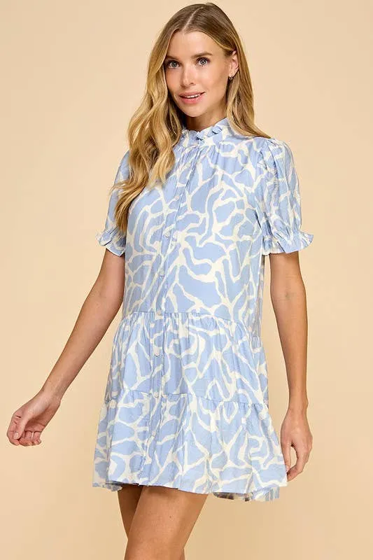 TCEC-Abstract Animal Print Puff Sleeves Dress: Blue