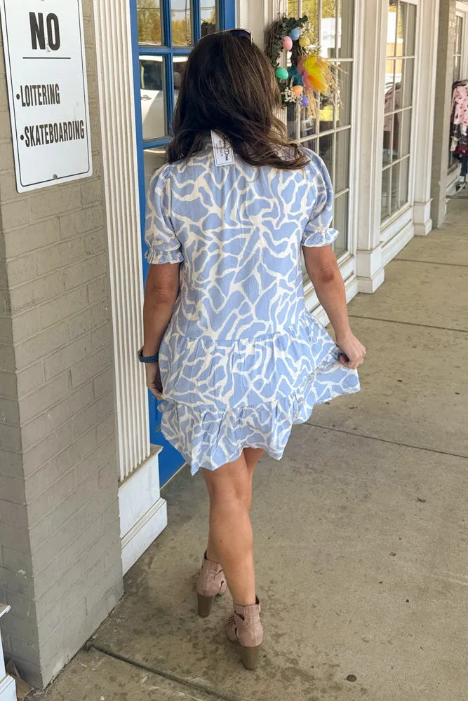 TCEC-Abstract Animal Print Puff Sleeves Dress: Blue