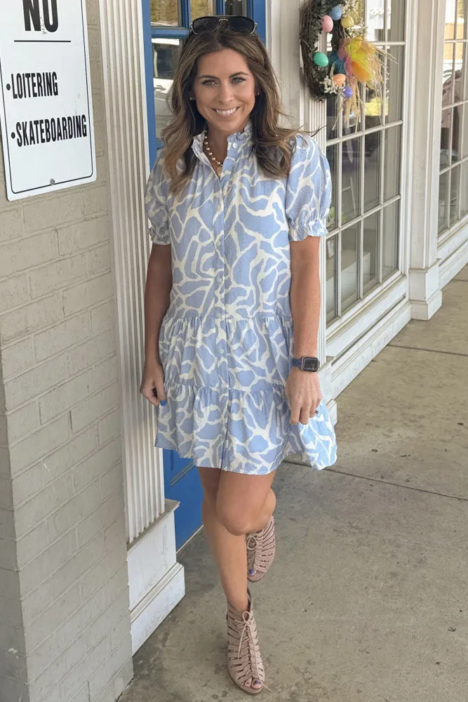 TCEC-Abstract Animal Print Puff Sleeves Dress: Blue