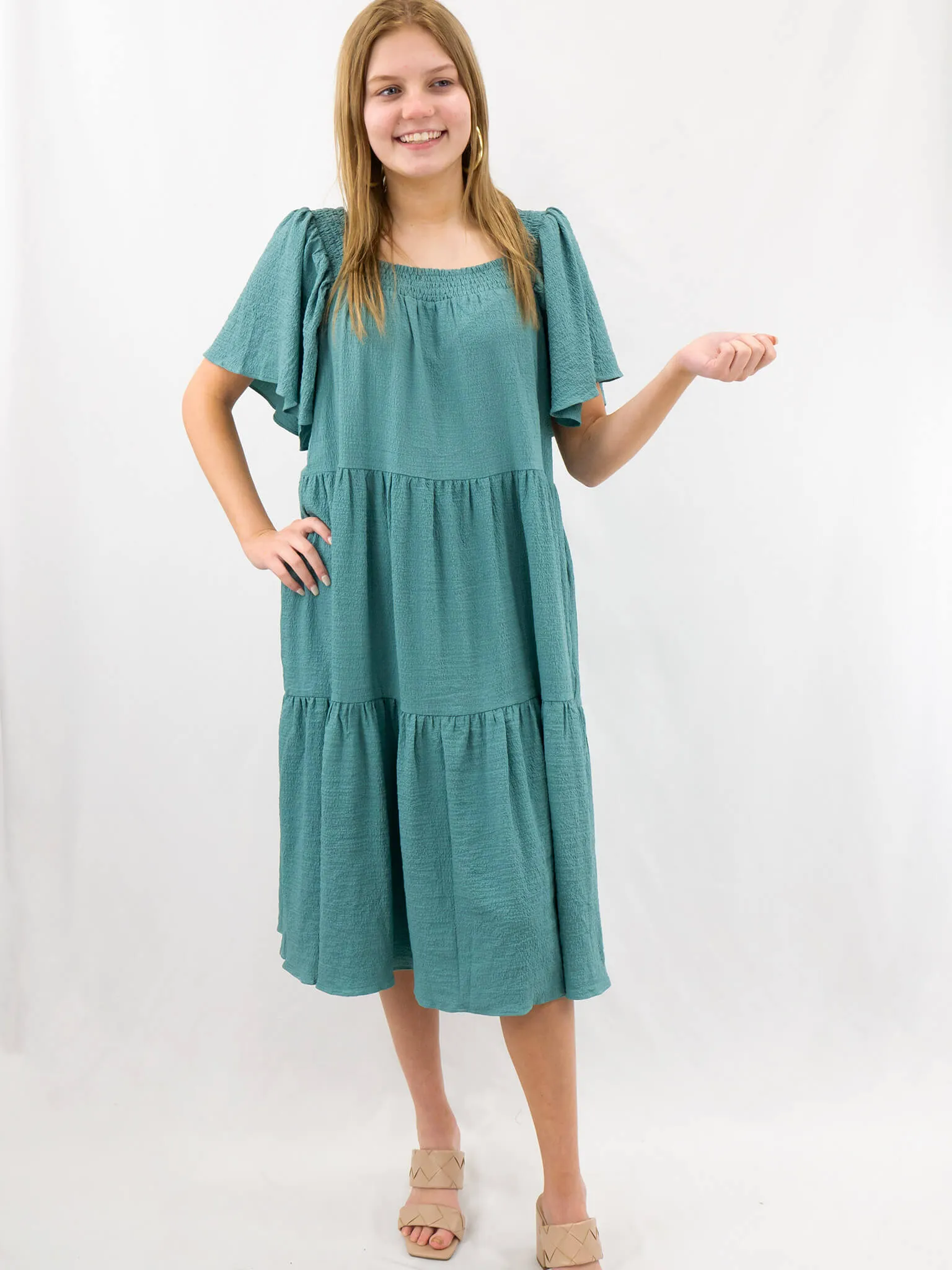 Teal Square Neck Midi Dress