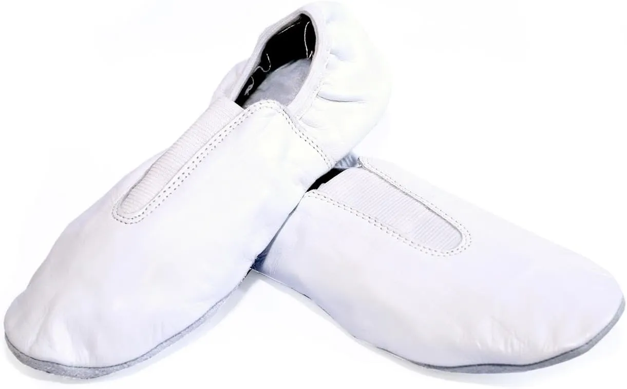 Toddler & Kids White Gymnastic Shoes - Trampoline, Tumbling, Agility Gym Footwear - Goat Leather Slip-on With Rubber Sole