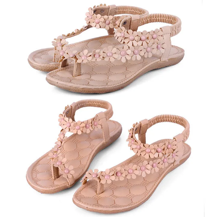 Women Bohemia Flower Beads Flip-flop Shoes Flat Sandals