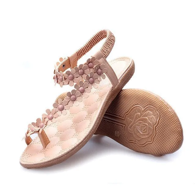 Women Bohemia Flower Beads Flip-flop Shoes Flat Sandals