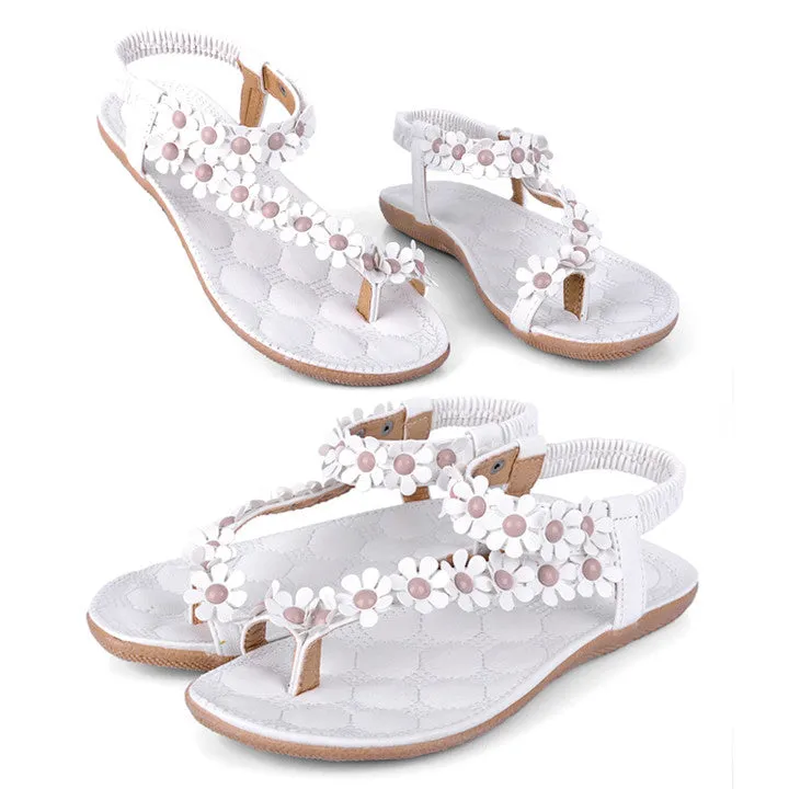 Women Bohemia Flower Beads Flip-flop Shoes Flat Sandals